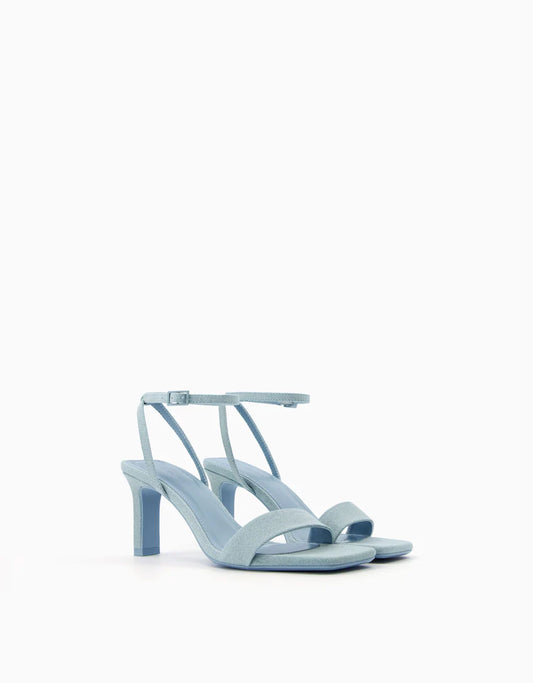 High-heel strappy denim sandals with ankle strap