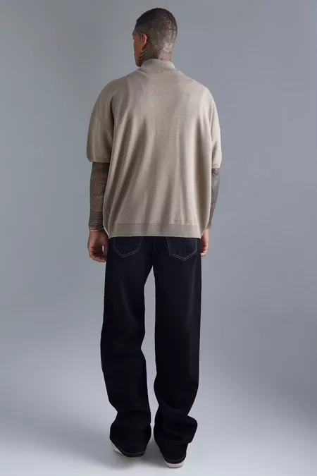 Oversized Drop Shoulder Mock Neck Knitted T-Shirt