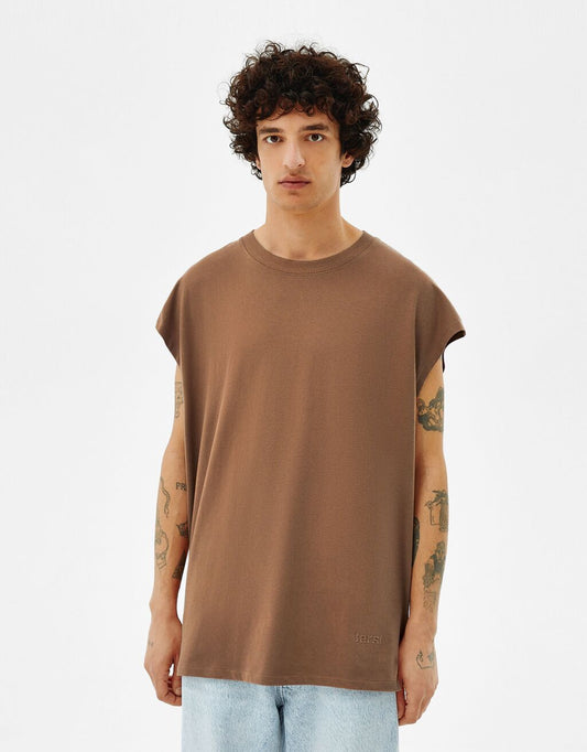 Brown Extra Loose Sleeveless Worker T-Shirt