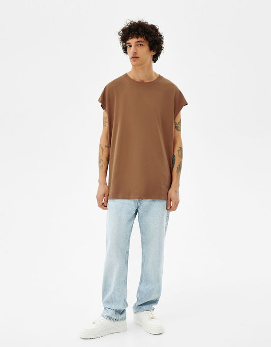 Brown Extra Loose Sleeveless Worker T-Shirt