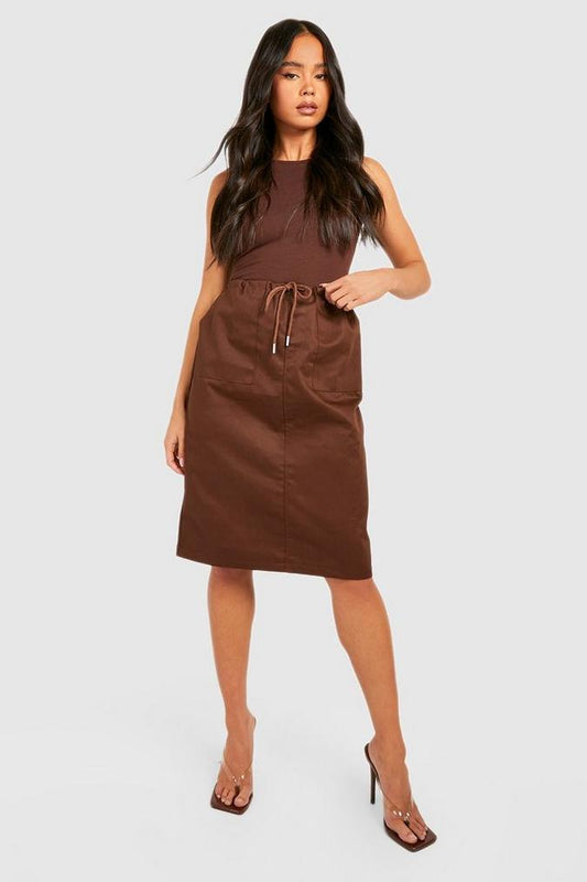 Chocolate brown Petite Woven Drawcord Cargo Midi Skirt