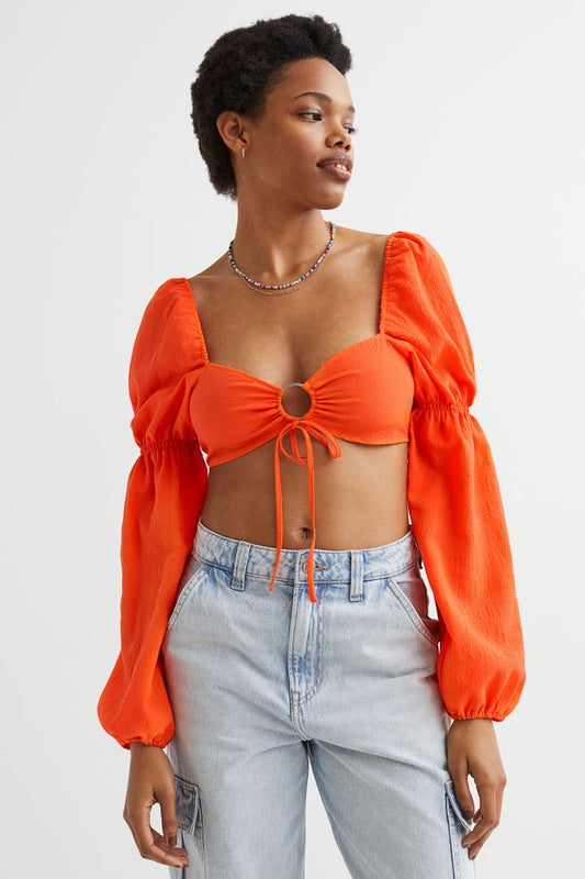 Balloon-Sleeved Cropped Blouse