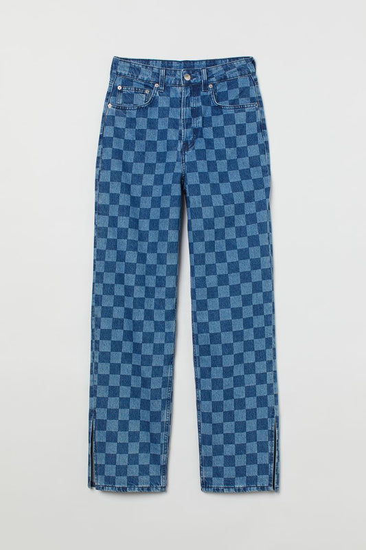 90 Straight Checkered Jeans High Waist
