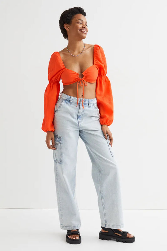 Balloon-Sleeved Cropped Blouse