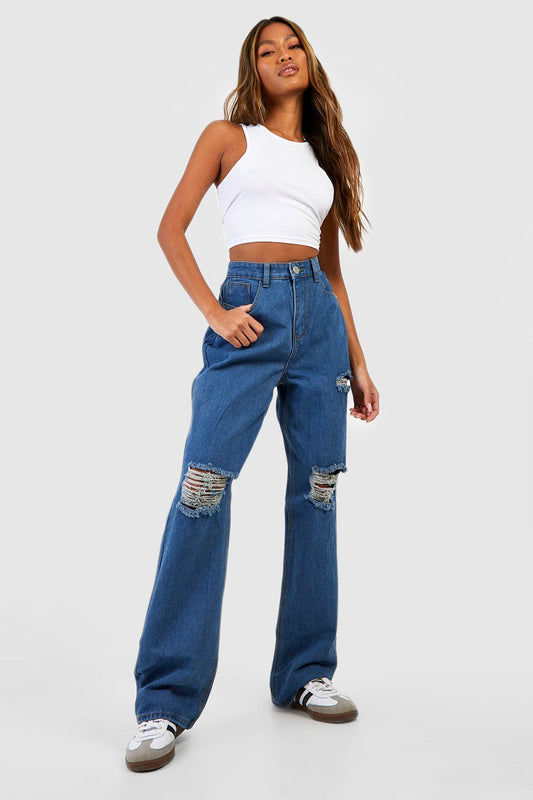 High Waisted Ripped Knee Straight Fit Jeans