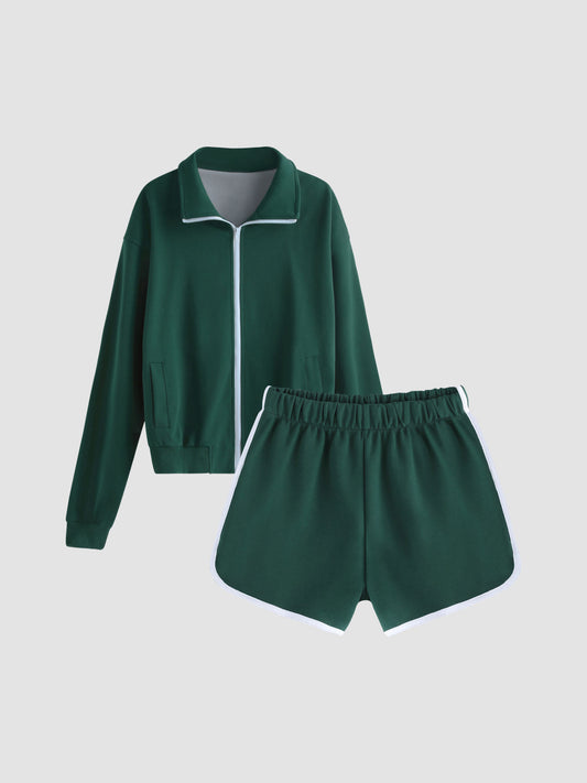 Contrasting Trim Sporty Zipper Up Sweatshirt & Shorts Set