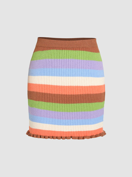 Striped Rib Knit Ruffle Hem Skirt