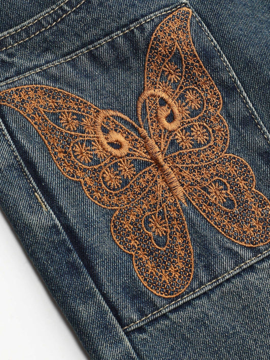 Denim Butterfly Print Raw Hem Midi Skirt