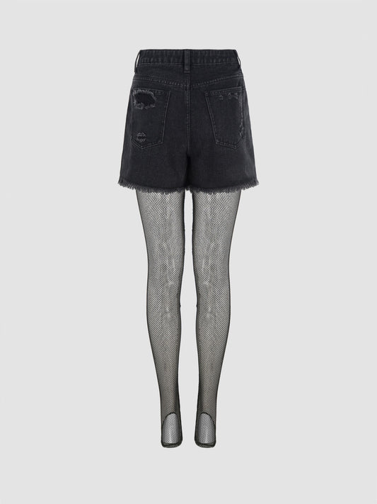 Denim Mid Waist Mini Shorts With Fishnet Tights