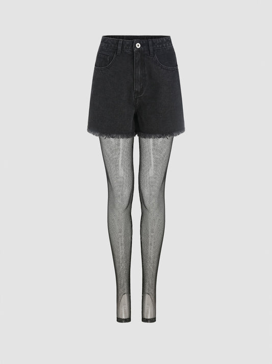 Denim Mid Waist Mini Shorts With Fishnet Tights