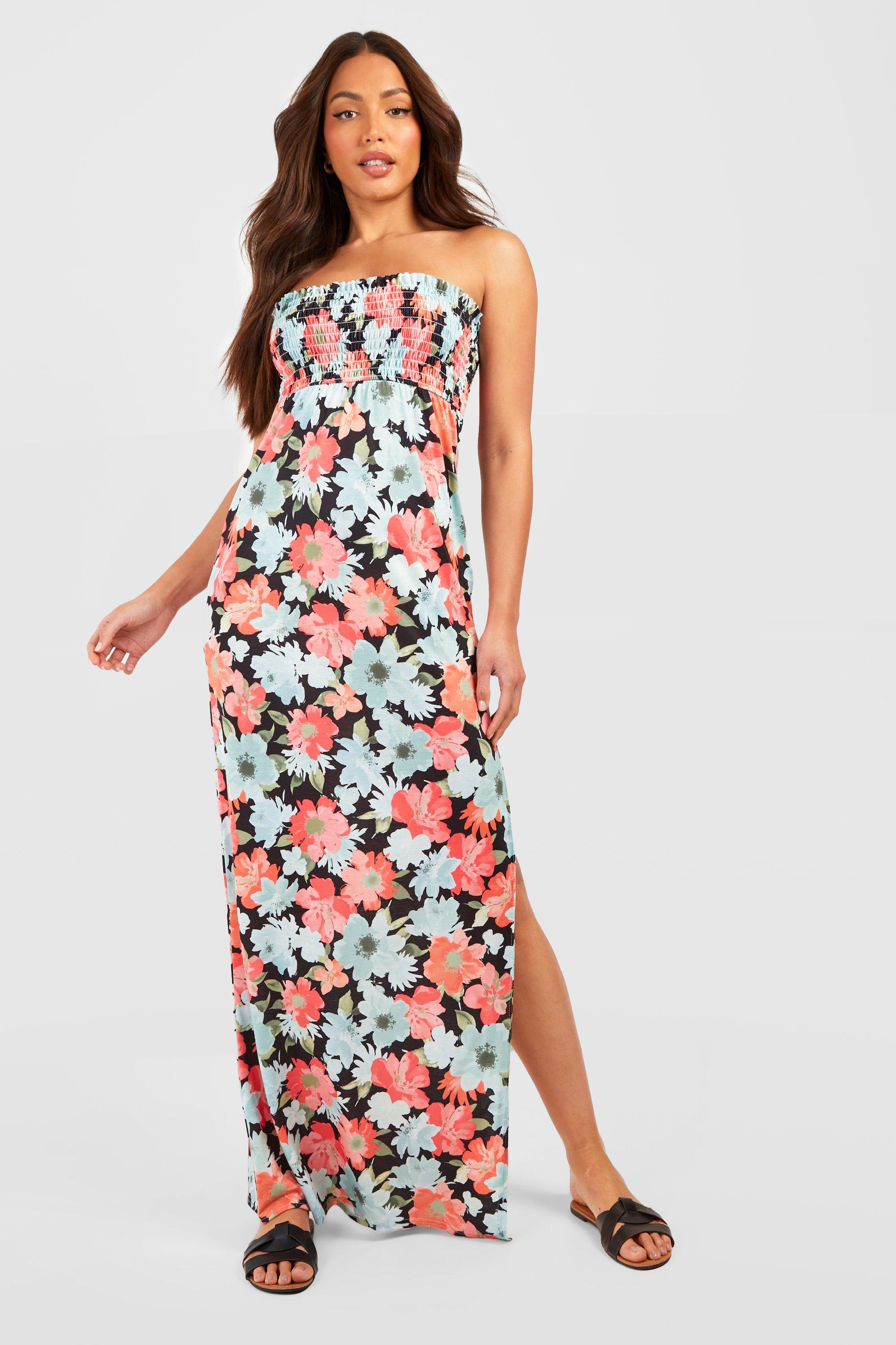 Tall Floral Shirred Bandeau Maxi Dress Outfitbuzz