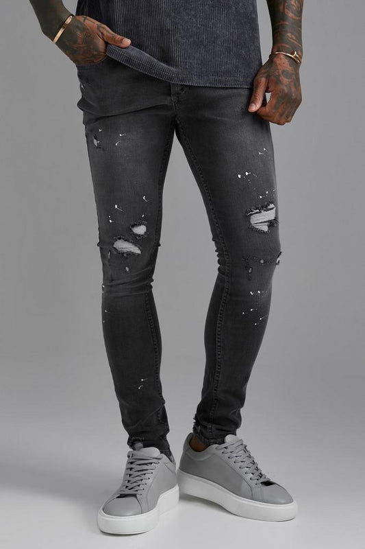 Super Skinny Ripped Paint Splatter Jeans Mid Grey