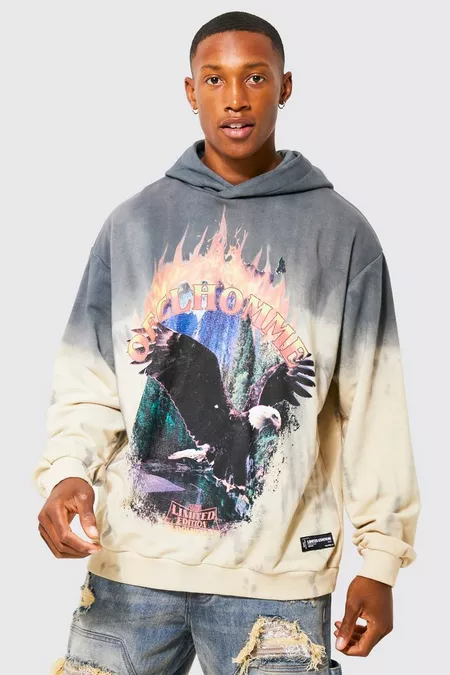 Boohoo nwoke buru ibu bleaCH TIE DYE EAGLE eserese HOODIE Outfitbuzz