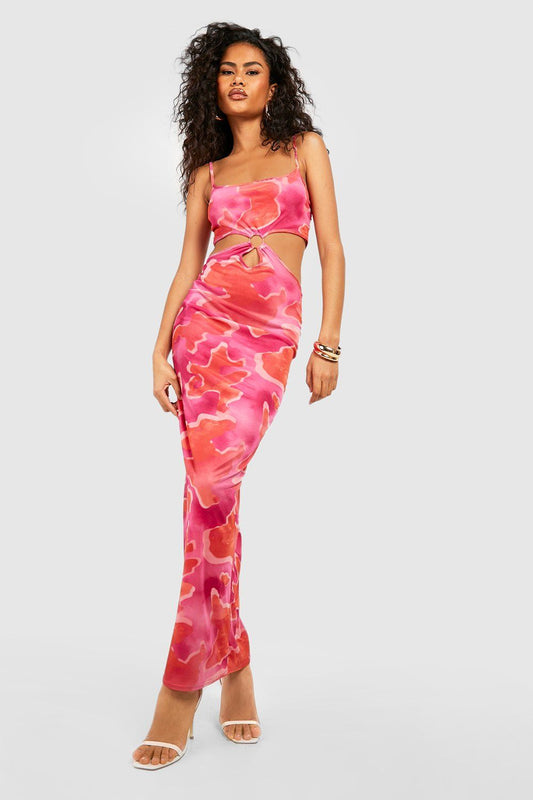 O Ring Cut Out Abstract Maxi Dress