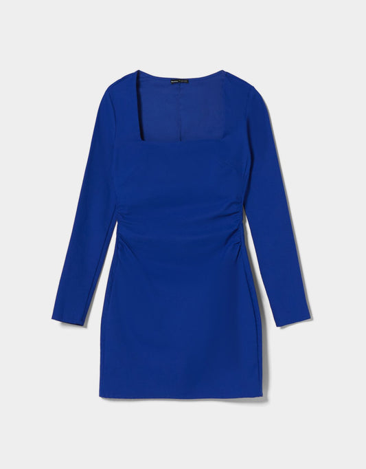 Blue Short Dress with Gathered Waist