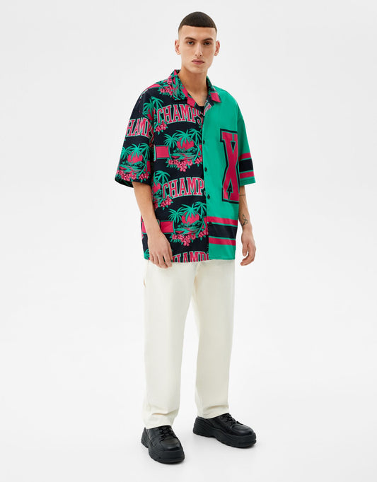 Short Sleeve Oversized Poplin Shirt with Palm Tree Print