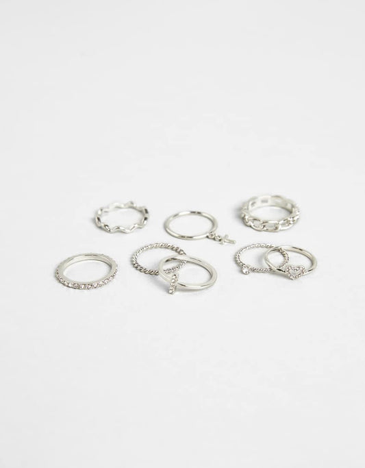 Set of 8 Thin Rings with Cross